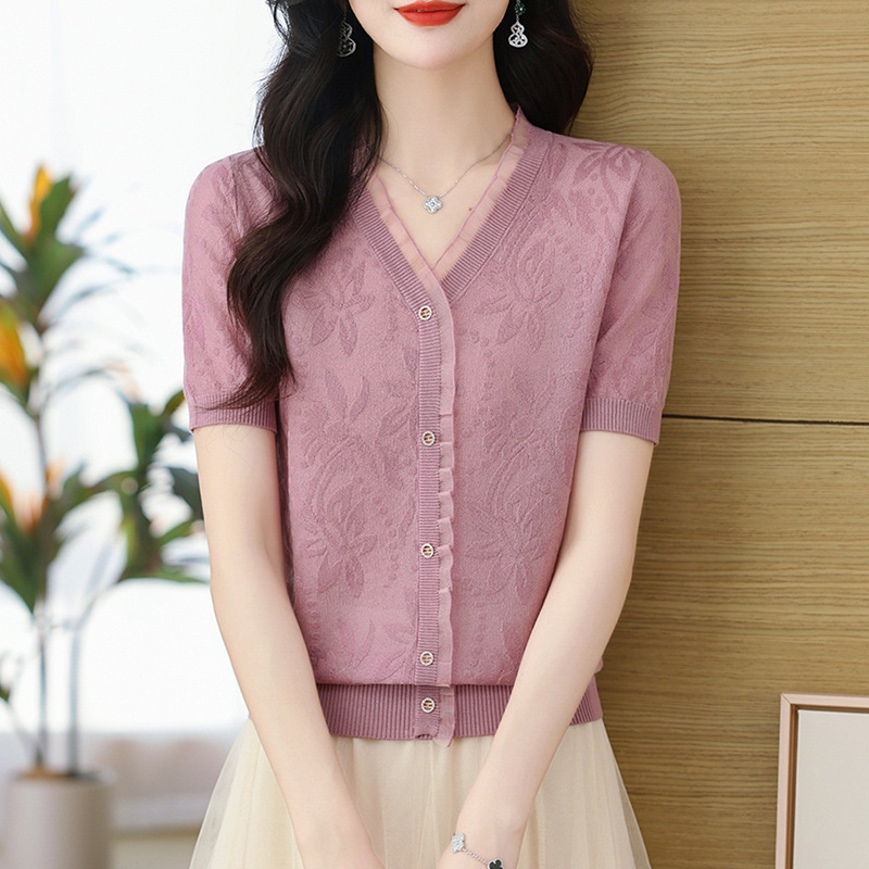 夏服 2025 新しいママスタイル半袖トップ薄いアイスシルクセーター V ネック半袖女性の Tシャツ|undefined