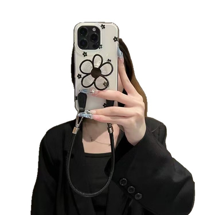 ins黑色花朵支架适用iPhone17PROMAX斜跨手机壳16新款15/14小众13|undefined