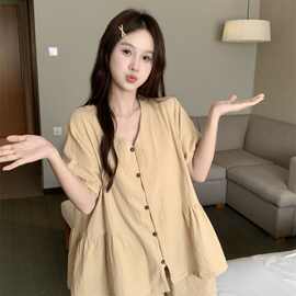 ins夏季睡衣女款简约高级感复古纯色甜美短袖短裤家居服薄款套装