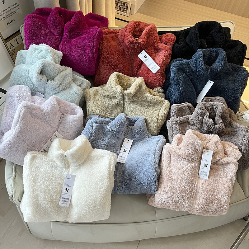 Long Velvet Fleece Zipper Jacket Long Sleeve Jacket Autumn and Winter New Style Collar Plush Zipper Cardigan 470137