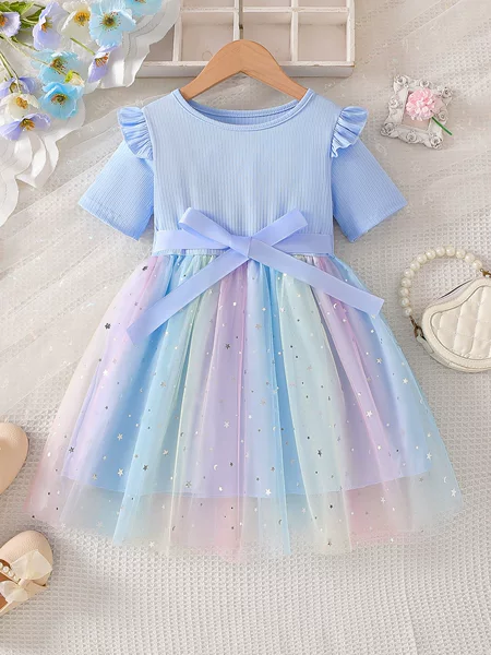 2026Ins European and American Sweet Girl Style Flutter Sleeve Bowknot Mesh Summer Dress European and American Cross-Border Dropshipping