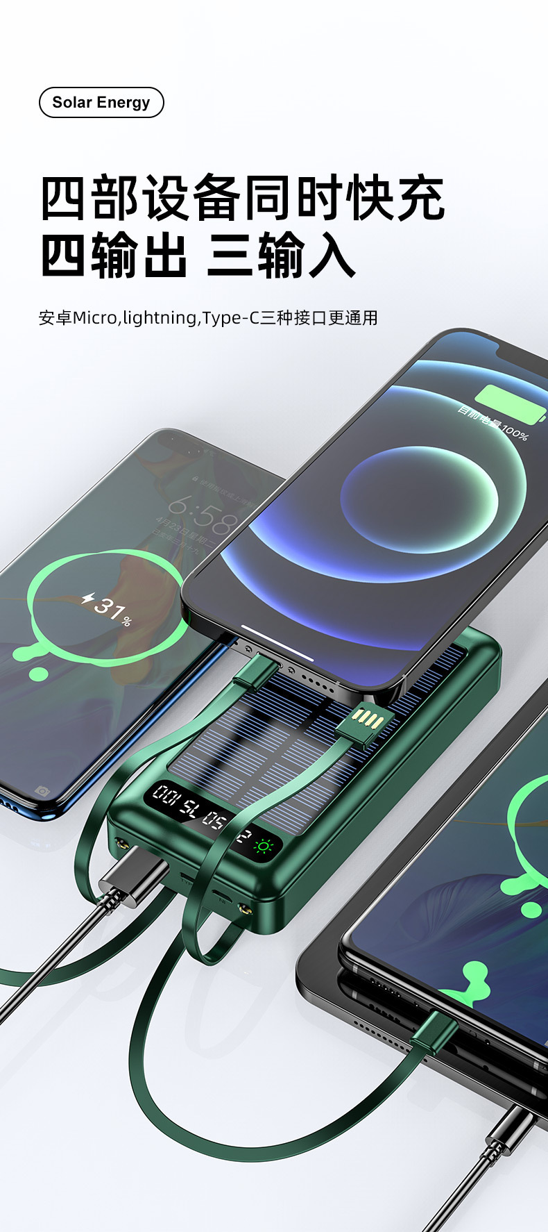 Grenzüberschreitender Bestseller Solar-Powerbank 20000 ultragroße Kapazität mit integriertem Kabel tragbar Großhandel mobile Stromquelle
