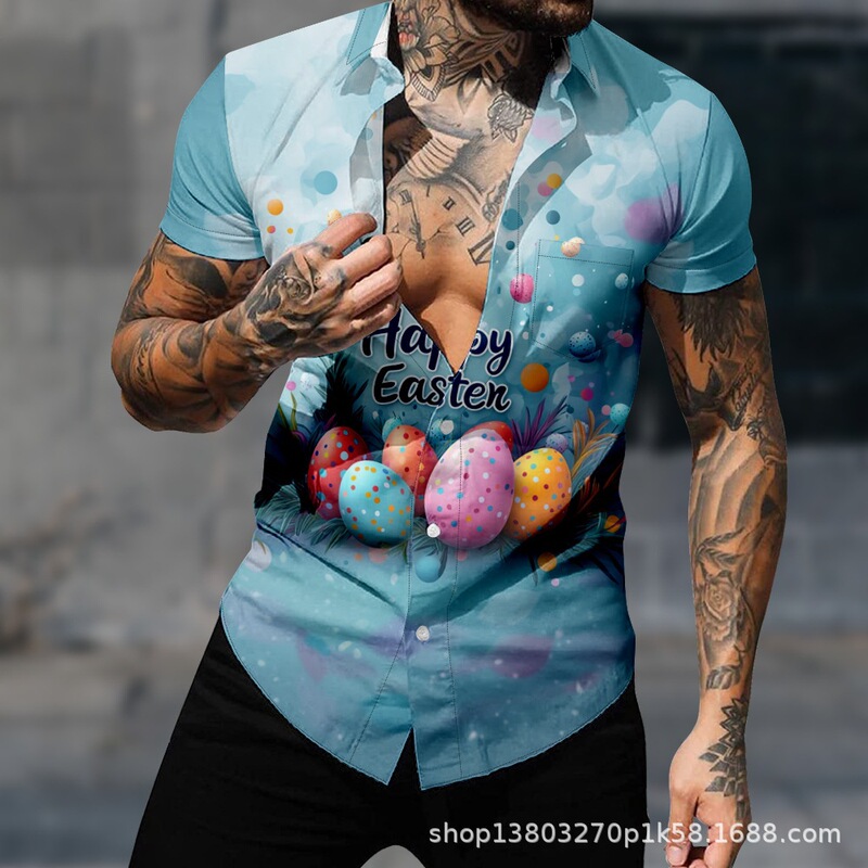 2026 Cross-Border Easter Eggs and Rabbits 3D Printed Summer Short-Sleeved Lapel Shirt Loose Men's Cardigan