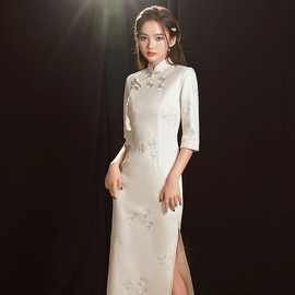 改良旗袍2024年春季新款长袖白色年轻款少女中国风长款秋冬连衣裙