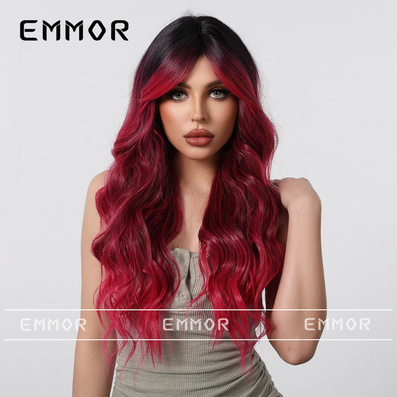 Mae La rojo gradiente de ocho caracteres flequillo grandes ondas cabello largo y rizado moda natural toda la peluca de Halloween
