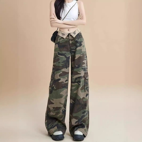 American-style camo work pants for women, summer loose and versatile, slimming high-waisted, hemmed straight-leg floor-length pants