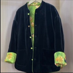 南油国風シルクベルベット香缎両面着用綿服小唐人プリント多用途中綿入りジャケット冬用防寒