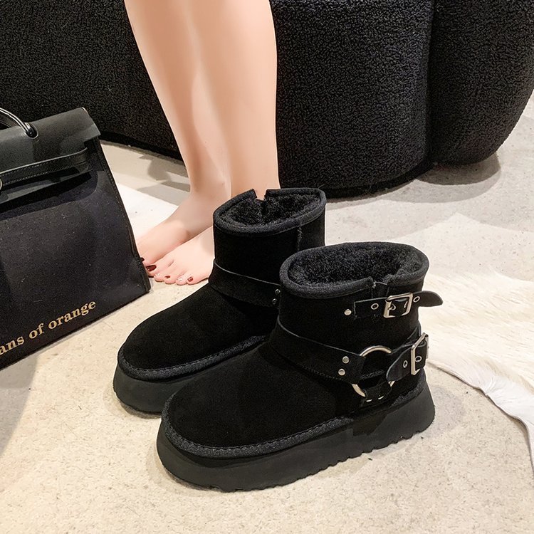 Cizme de zăpadă cu talpă groasă pentru femei, iarna 2023, noi, din pluș și izolație groasă, burete, cizme scurte de zăpadă din bumbac_voghion.com