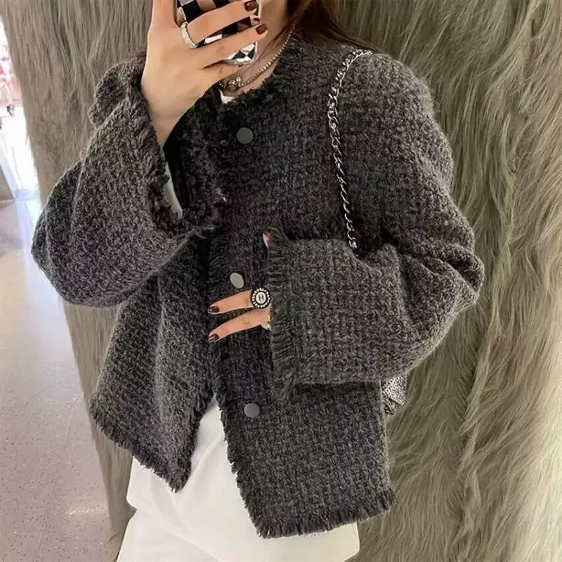 Весенняя куртка, вязаный кардиган, стиль Chanel, свободный силуэт