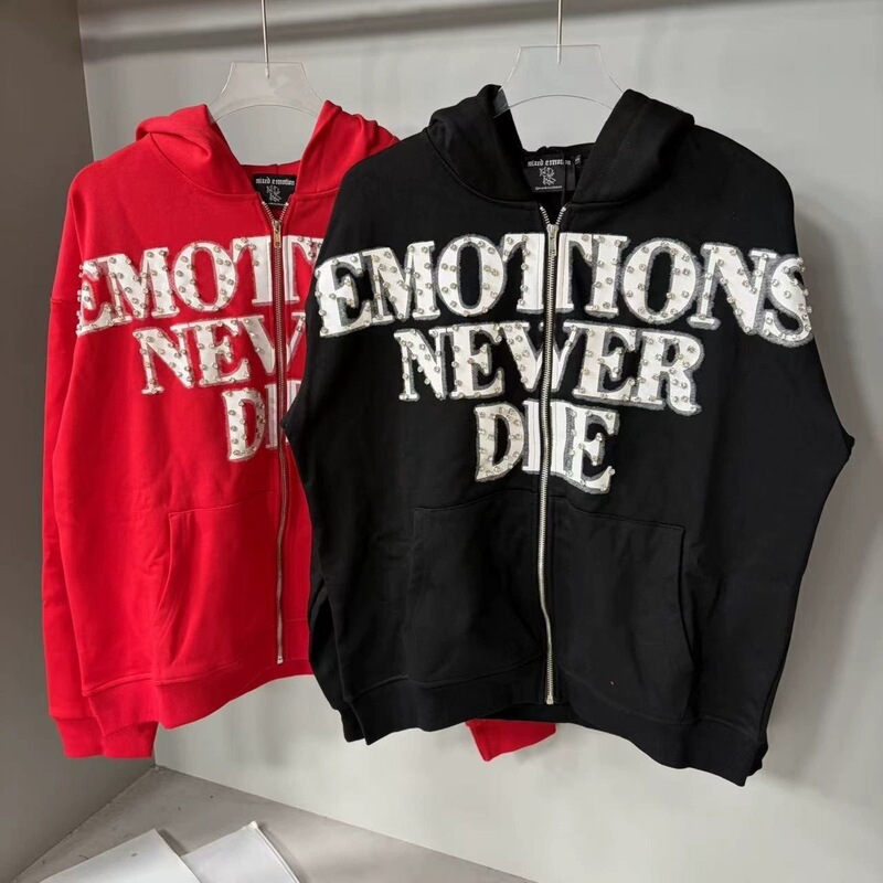 Trendy Brand Mixed Emotion Rhinestone Letter Print Zipper Hoodie Jacket Unisex Cardigan Top Autumn