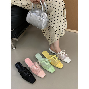 2025 Summer New Style Lace Breathable Mesh Elegant Dress French Mule Shoes Half-tow Outer Wear Sandals for Women