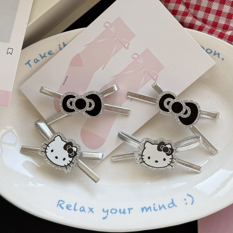 New Sweet Cool Silver Leather Bow KT Cat Bow Hairpin Ins Simple Girly Side Clip with Bangs