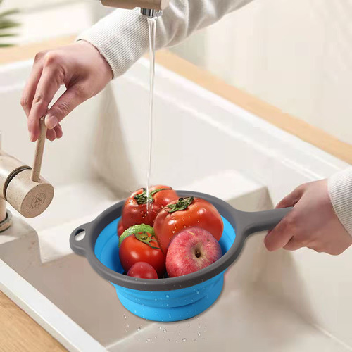 Multifunctional Folding Drain Basket with Handle Round Filtered Water Basket Expandable Vegetable Wash Basket Kitchen Tool