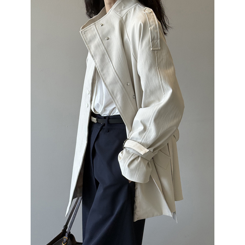 言双 英伦风立领风衣外套女 秋季宽松休闲绑带收腰外套短款82585|undefined