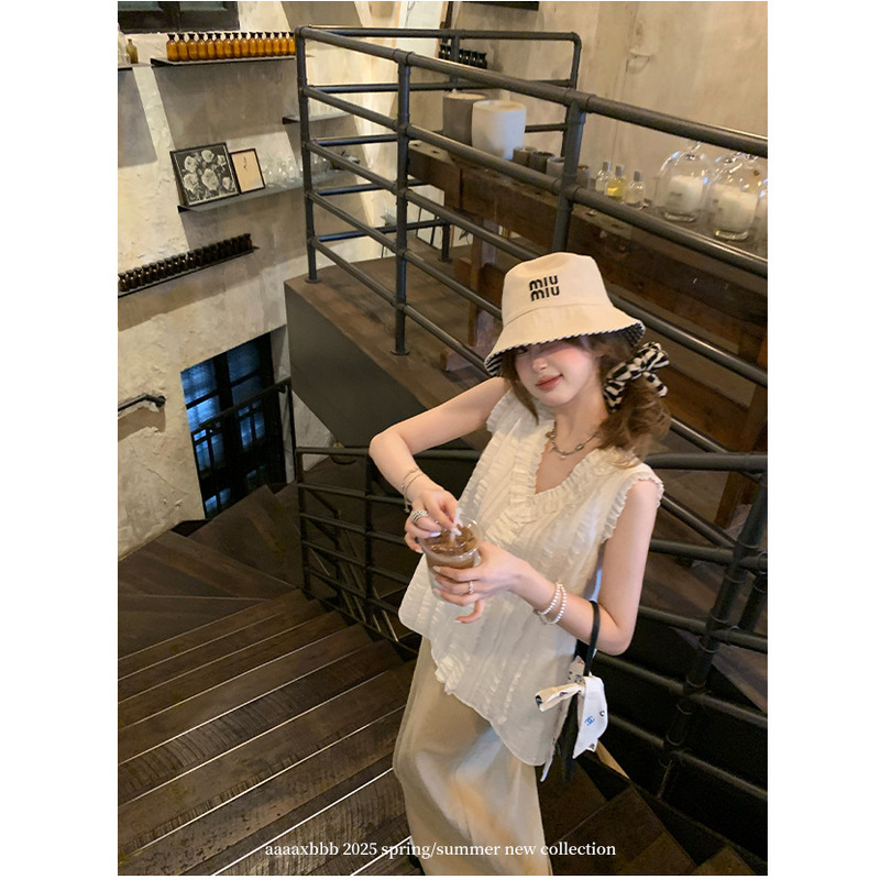 Aaaaxbbb Bourbon Whiskey Tencel Linen Lace Vest Ear-Hemmed Sleeveless Top Loose V Neck T-Shirt