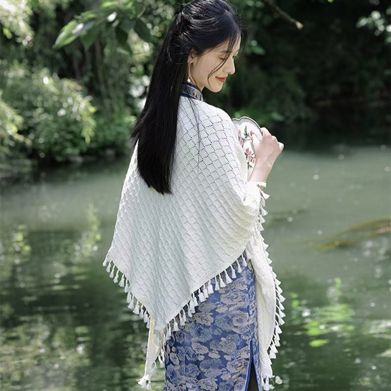 旗袍披肩夏季外搭女针织韩版三角巾披风流苏温柔风透气装饰29|undefined