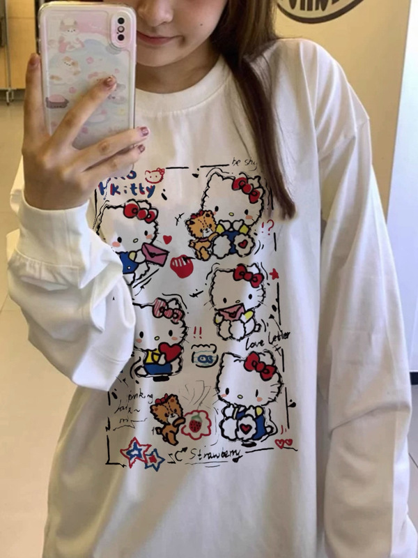 白色长袖t恤女 秋新款双面kitty猫印花遮肉显瘦减龄纯棉束口上衣|undefined