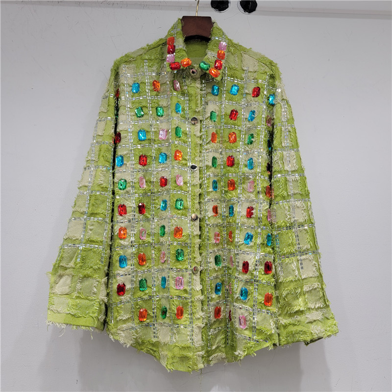 European Collection 2024 Spring New Style Elegant Women's Shirt With Heavy Beaded Rhinestone Embellishments And Plaid_ecoleips.com