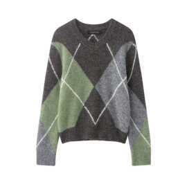 跨境外贸2025欧美时尚女装百搭套头圆领长袖菱形纹针织衫5755152