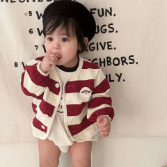 點兮嬰兒春季衣服休閒套裝男女寶寶洋氣條紋外套超萌可愛外出爬服