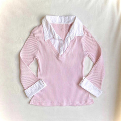 国境を越えたファッションのvネックがゆったりしている日焼け止めのゆるい縞の薄い長袖tシャツの女性上着