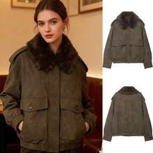 ZA速卖通爆款跨境外贸欧美风女装反绒皮效果可拆领口夹克外套
