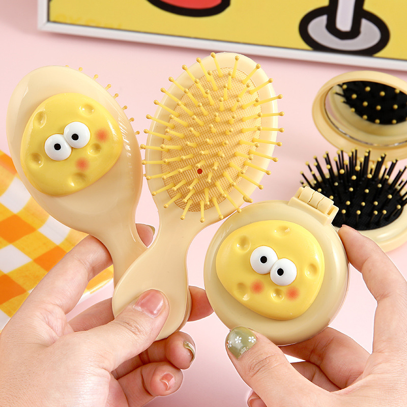Cute airbag queso de dibujos animados niñas peines portátiles plegables airbag espejo 2 - en - 1 mini peines de mano
