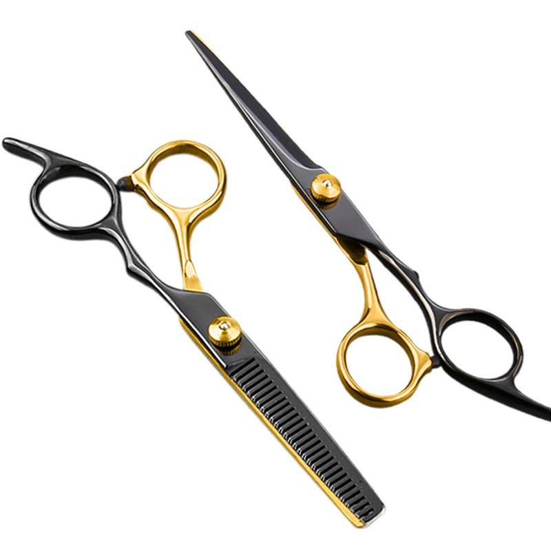 Forbici✂Forbici da parrucchiere a denti piatti in acciaio inossidabile nero e oro, set professionale per il taglio dei capelli_voghion.com
