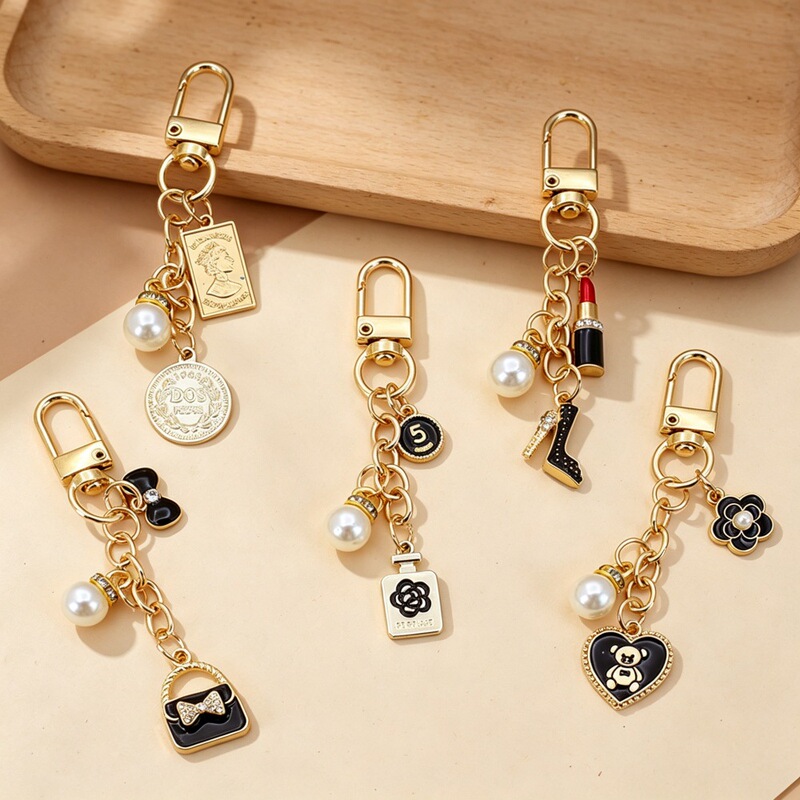 Tweed Style High Heels Lipstick Pearl Keychain Ladies Student Bag Pendant DIY Headphone Protective Cover Decoration