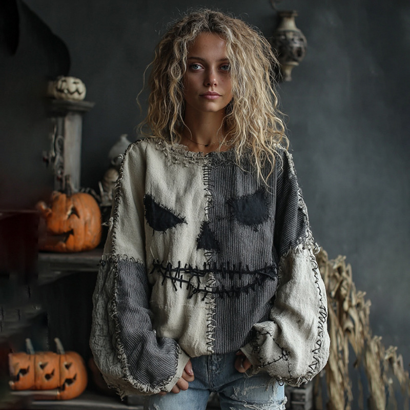 2025 Halloween New Popular Independent Station Amazon European and American Cross-Border Autumn and Winter Tops Women's Round Neck Sweatshirt Imitation Fur