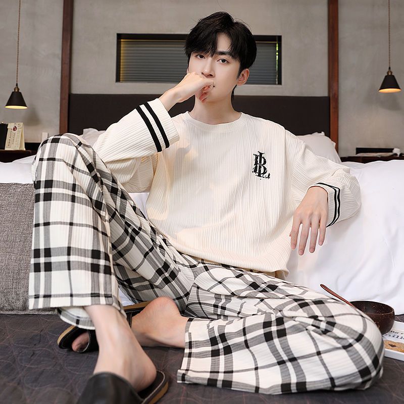 100% Double-Sided Cotton Men's Pajamas Spring & Fall Long-Sleeved Youth Long-Sleeved Men's Large Size Loose Home Wear Casual Suit