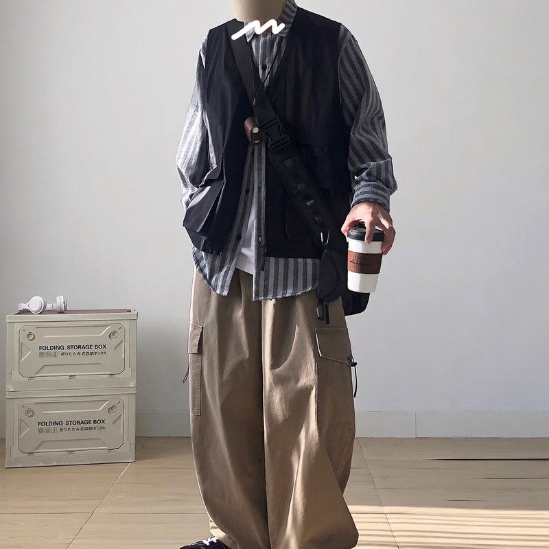 Spring and Autumn Japanese Style Retro Striped Fake Two-Piece Vest Work Shirt Stitching Men's Long-Sleeved Loose Trendy Brand Pluck Handsome Jacket