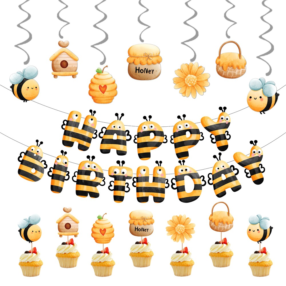 Nueva primavera abeja tema fiesta de cumpleaños decoración cumpleaños tire bandera espiral etiqueta pastel de miel pequeña tarjeta de inserción