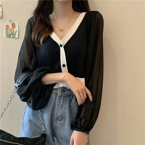 Spring and summer new Korean style loose V-neck mesh splicing long-sleeved sweater women's thin cardigan top outer