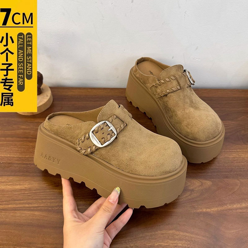 牛皮版厚底内增高7CM小个子勃肯包头半拖鞋女外穿一脚蹬乐福鞋女|undefined