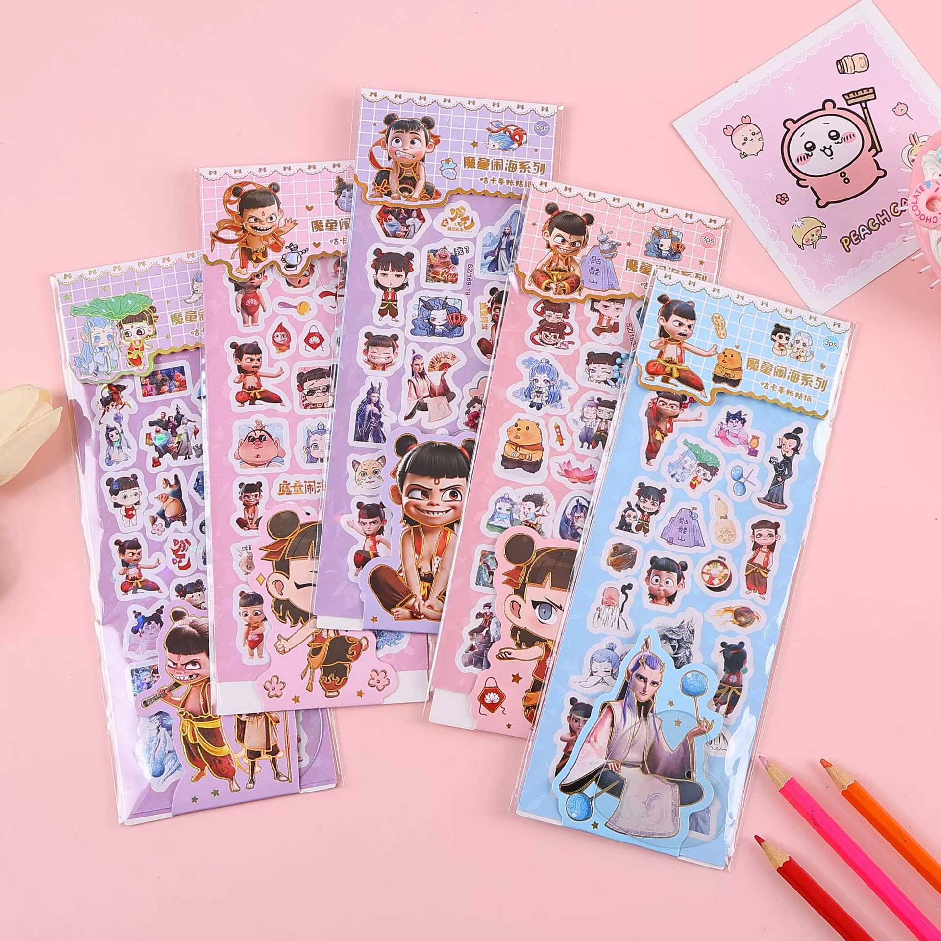 Лидер продаж, мультяшные наклейки Nezha, студенческие креативные лазерные наклейки Guka, милый набор выражений, наклейки для украшения мобильного телефона