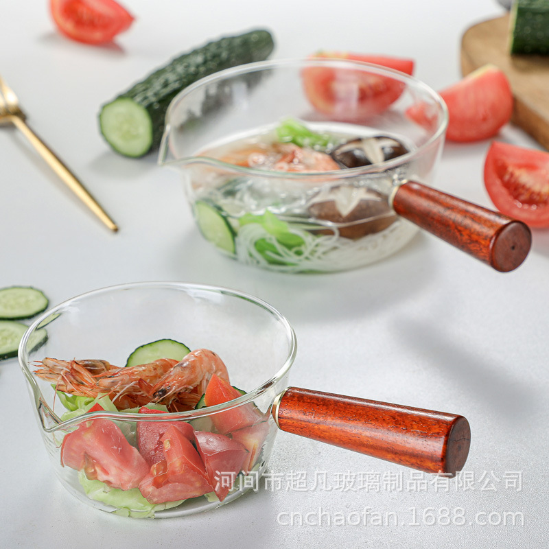 Glass Milk Pot, Baby Food Pot, Redwood Side-Handle Noodle Pot, Hot Soup Pot, High-Temperature Resistant Non-Stick Pot for Heating Milk for Mother and Baby, Household Use