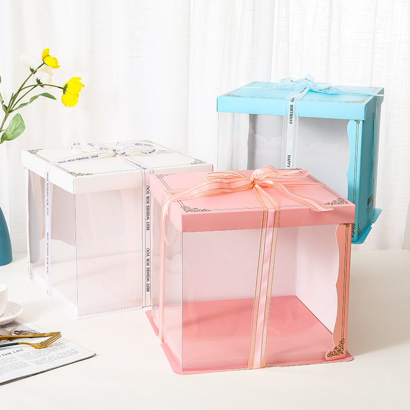 半透明款蛋糕盒 大小6/8/10/12寸单双层加高粉蓝白色生日烘焙包装