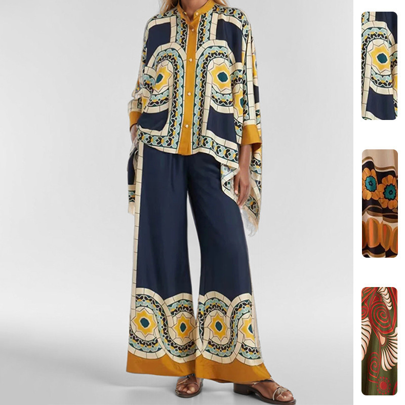 2026 Spring New Women's Clothing Cross-Border European and American Fashion Set Loose Printed Top and Long Pants Two-Piece Set