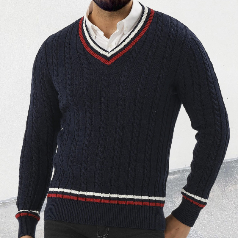 Pull à col en V et manches longues pour homme, couleur assortie, pull slim en tricot_voghion.com