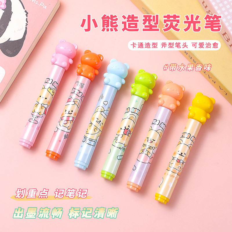 Resaltador de oso creativo, lápiz fluorescente con fragancia afrutada, marcador de aula para estudiantes, bolígrafo de cuenta manual, marcador de oficina