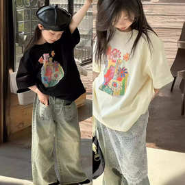 女童印花短袖夏季2024新款韩国童装套头休闲时髦洋气儿童上衣t恤