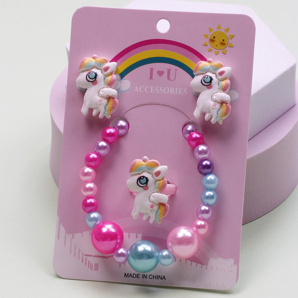 Cute Unicorn Crown Resin Beaded Rings Earrings Necklace 1 Set