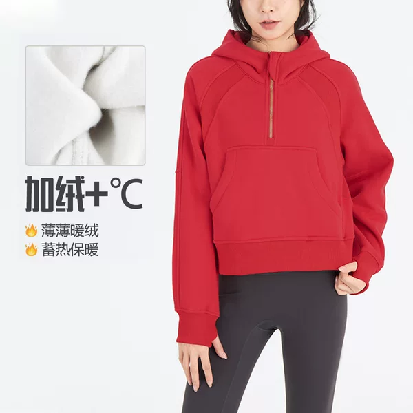 Winter Fleece Half-Zip Hooded Sweatshirt for Women, Loose Polar Fleece Running Sports Jacket, Yoga Wear