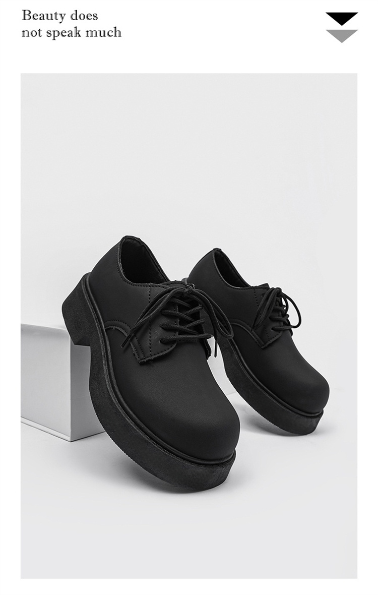 ShoeVault Round Toe Derby For Men Winter Casual Chunky Couple Thick Sole Height Increasing Black Matte British Leather Shoes_voghion.com