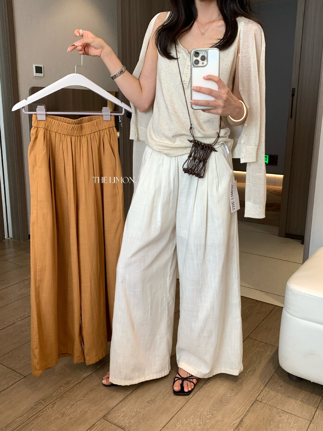 Quần ống rộng nữ vải linen phối cotton dáng suông mùa hè — Xám gạo, Xanh xám nhạt, Xanh đen, Cam bí ngô chi tiết 59