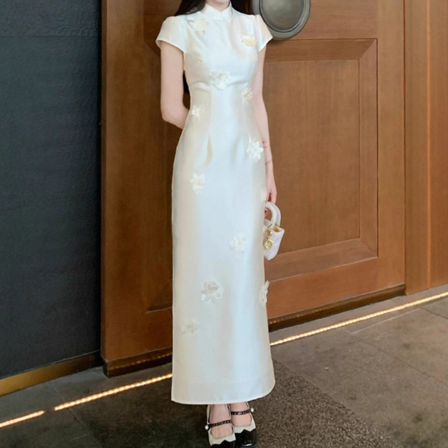 拈香新中式立体花改良旗袍女装缎面旗袍领连衣裙2025新款代理代发