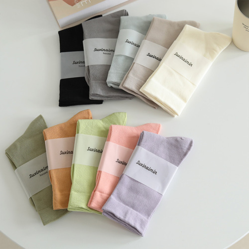 Spring and summer new candy color pile socks Morandi color Korean version solid color trendy wide mouth women's mid-tube confinement socks