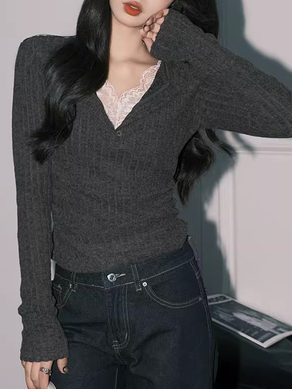 气质灰色蕾丝假两件V领针织小衫女纯欲修身长袖打底上衣|undefined