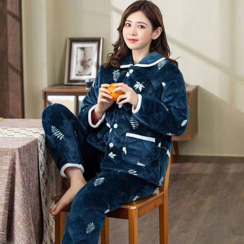 겨울 잠옷 여성 3 층 퀼트 플란넬 기모 두꺼운 방한 따뜻한 가정 옷 세트